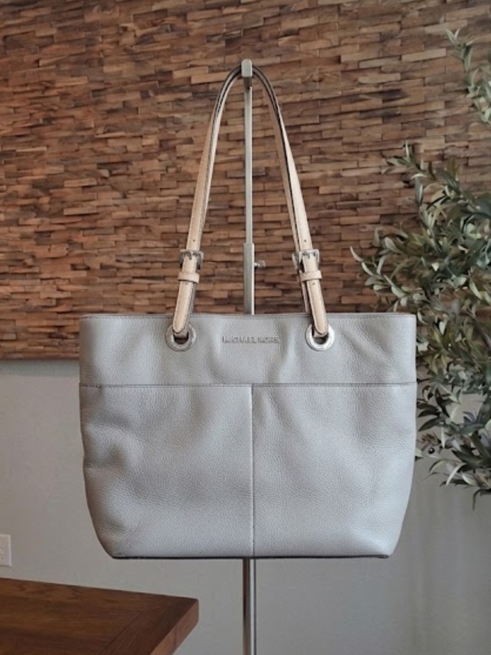 Michael Kors Pebbled Leather Tote in Light Gray with Beige Straps